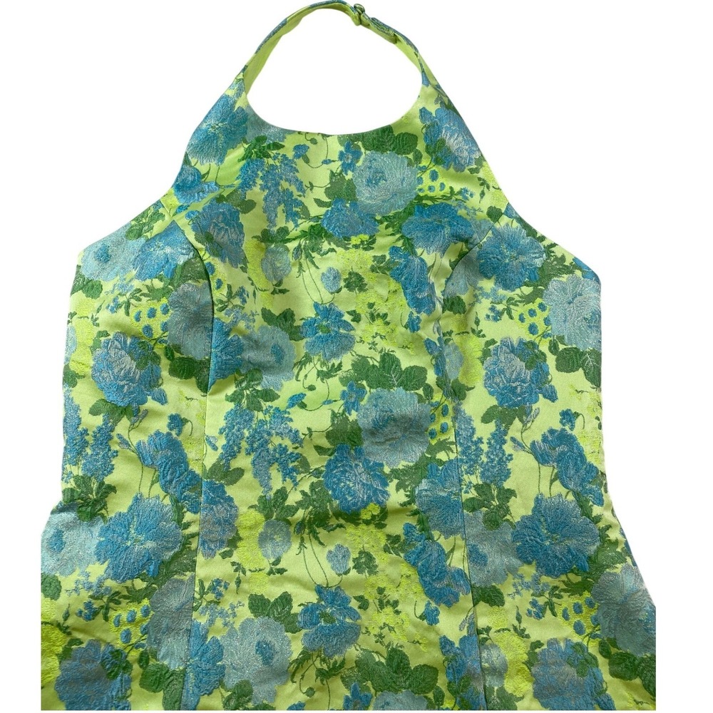 Lulus Ariadna Lime Green Floral‎ Jacquard Halter Mini Dress Size Large - Picture 4 of 15